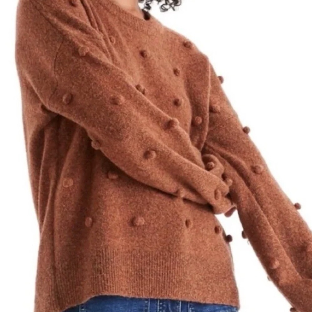 Madewell Wool blend sweater brown Pom Poms crew neck size small oversized